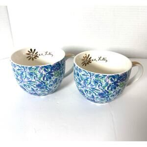 LILLY PULITZER Ceramic Mug Set of 2 Blue Multicolor Floral Gold Handle 12 fl oz.